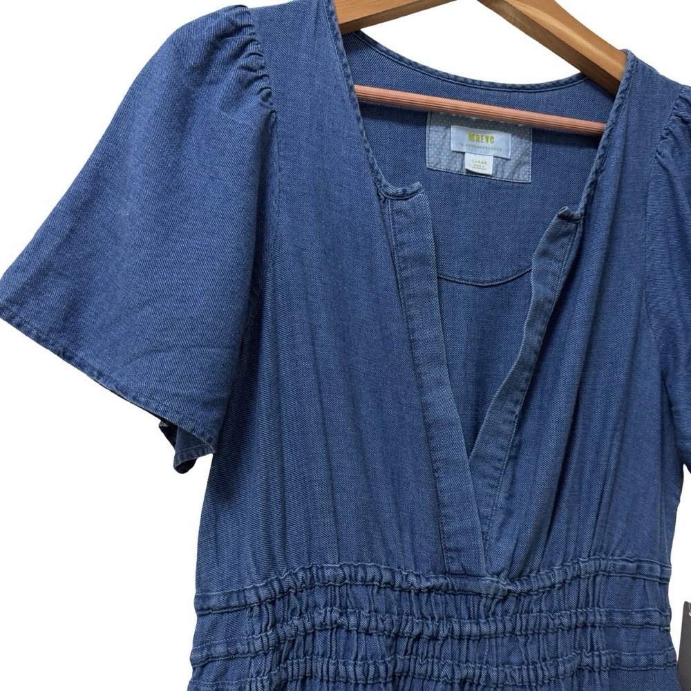 Anthropologie Maeve Somerset Chambray Tiered Maxi Dress Size L Blue Pockets NEW - Picture 4 of 9